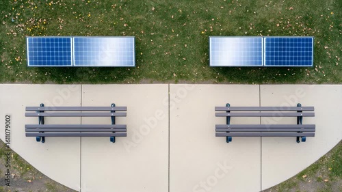 Aerial View of Solar Panels and Benches in Open Green Space