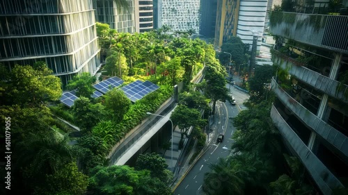 Urban Landscape with Greenery and Solar Panels in Modern Cityscape