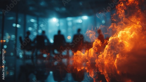 A dramatic urban office night scene contrasts with blistering flames and intense orange hues,