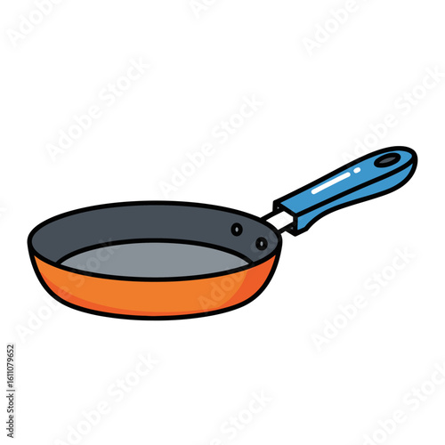 A colorful cartoon illustration of an orange frying pan with a grey non-stick surface and a blue handle.