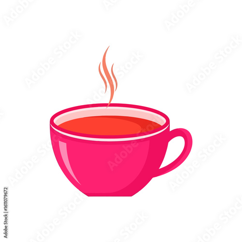 A vibrant pink teacup filled with hot red tea, with wisps of steam rising from the warm beverage.