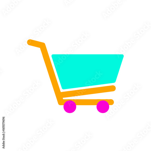 A stylized shopping cart icon with a cyan basket, orange frame, and bright pink wheels.