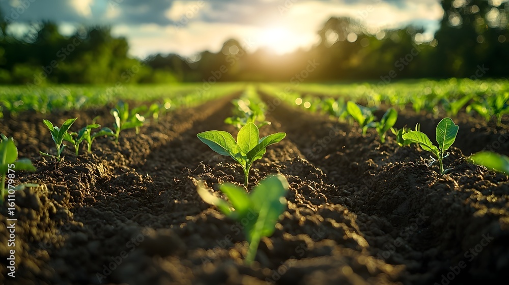 Fototapeta premium Flourishing seedlings in a vibrant agricultural field