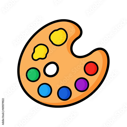 A cartoon illustration of an artist's paint palette with colorful dabs of paint and a thumb hole.