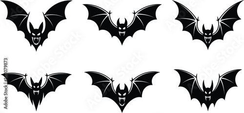 Six black bats with sharp teeth silhouette flying