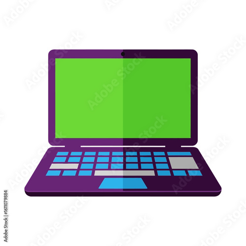 A flat design illustration of an open purple laptop with a bright green screen and blue keyboard.