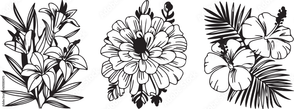 custom made wallpaper toronto digitalHand-drawn Floral Trio - Lily, Daisy, and Hibiscus