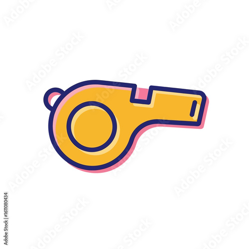 A simple yellow cartoon whistle icon with blue and pink outlines, isolated on a white background.