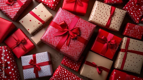 Top view of wrapped christmas presents with red ribbons and bows on a brown background creating a festive holiday atmosphere