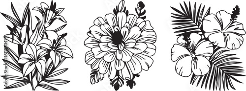 Wallpaper Mural Hand-drawn Floral Trio - Lily, Daisy, and Hibiscus Torontodigital.ca