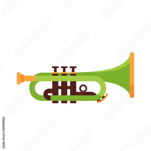 A stylized illustration of a green and orange trumpet, a brass musical instrument, on a white background.