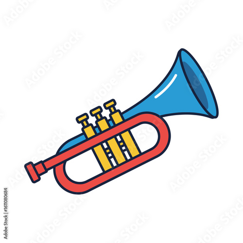 A colorful cartoon illustration of a blue and red trumpet musical instrument.