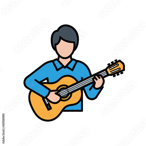 A colorful icon of a musician in a blue shirt playing an acoustic guitar.