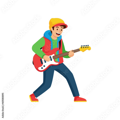 A cheerful young man in casual attire enthusiastically plays a red electric guitar, captured in a dynamic stance.