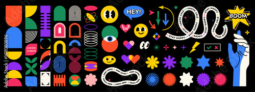 Abstract geometric shapes set vector illustration. Graphic design elements with retro line, simple form, figure, arch, flower, smiley and hand. Trendy cartoon flat stickers, brutal aesthetic