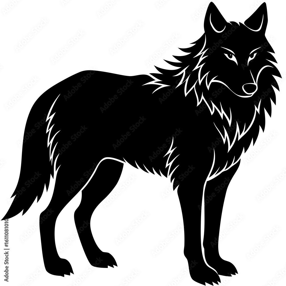 Obraz premium Standing wolf animal illustration in black and white silhouette