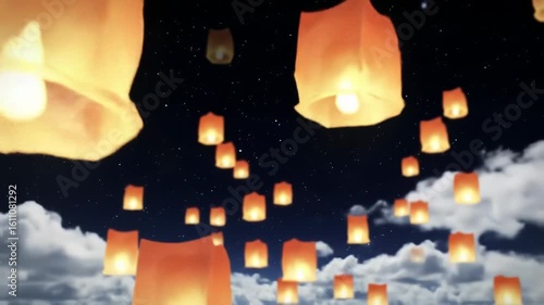 Beautiful Sky Lanterns Floating Upwards Against Starry Night