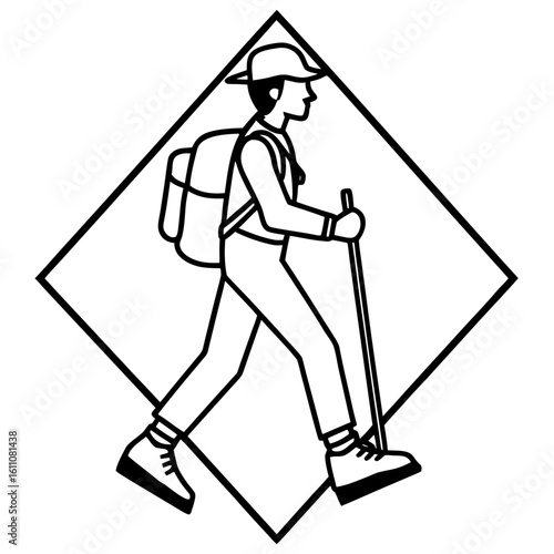 Stylized icon of a hiker with backpack and trekking poles