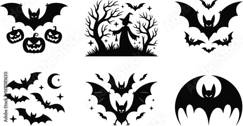Halloween bats pumpkins witch moon stars vector
