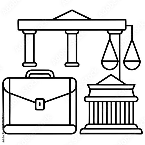 Legal symbols including scales of justice briefcase and courthouse