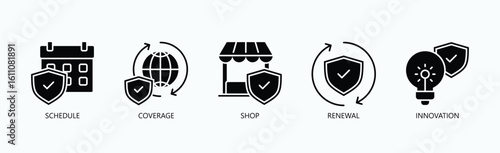 Optimizing Operations From Scheduling To Innovation Icon Set Vector Illustration Concept With Icon Of Schedule, Coverage, Shop, Renewal, Innovation In Glyph Style