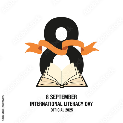 Graphic celebrating International Literacy Day on September 8th, featuring a book and ribbon.