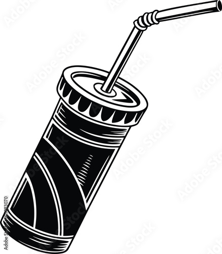 Refreshing Sip Illustration: A sleek, black and white illustration of a disposable drink cup with a straw, embodying the essence of refreshment and convenience.