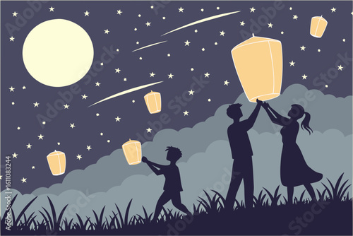 Family releasing glowing lanterns under a full moon
