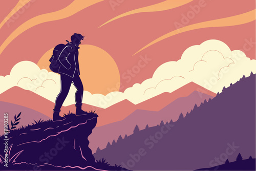 Hiker silhouette on cliff overlooking mountains at sunset