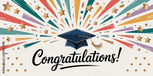 Graduation celebration design with cap, colorful radiating rays, gold stars, and bold “Congratulations!” text — festive academic achievement graphic