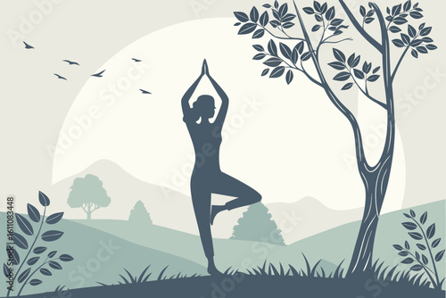 Silhouette of woman doing yoga tree pose outdoors vrikshasana