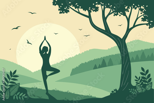 Silhouette of woman in yoga tree pose at sunrise with birds and tree
