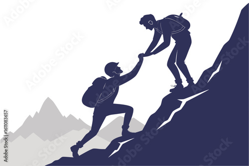 Two climbers helping each other ascend a steep mountain