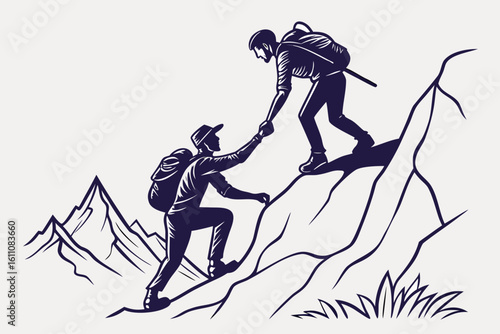 Two climbers helping each other ascend steep mountain