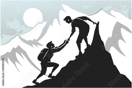 Two climbers helping each other on a mountain peak