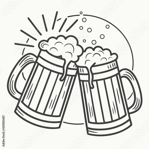 Two wooden beer mugs clinking with frothy beer toast