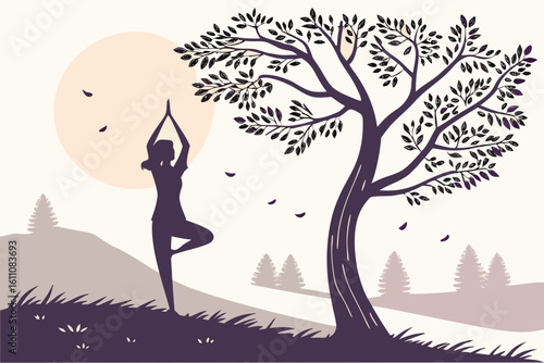 Woman doing yoga tree pose under a large tree at sunrise