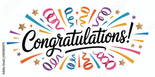 Congratulations! festive design with bold cursive text, colorful streamers, stars, and celebratory elements — joyful graphic for success