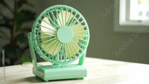 Cute Small Green Desk Fan Operating on a Table