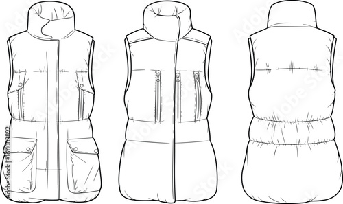 CAD drawing flat vector illustration, technical sketch puffer vest, front side back view, fashion design template, winter wear outerwear
CAD drawing flat vector illustration, technical sketch 