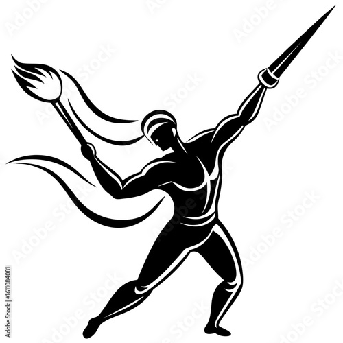 Athlete throwing a torch and spear in dynamic pose