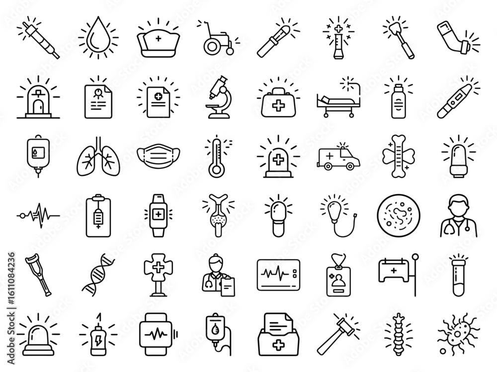 Naklejka premium Medical Healthcare Line Icons Set Syringe, Stethoscope, Hospital Equipment, Organ, and Doctor Symbols with Bright Glowing Accents for Modern Design