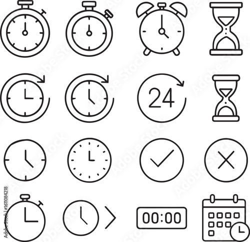 Time Line Editable Icons set. Vector illustration in modern thin line style of clock related icons: timer, stopwatch, alarm, and more. Isolated on transparent background
