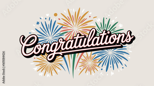 Congratulations text design with cursive white font, colorful fireworks on beige background — elegant festive illustration for achievements