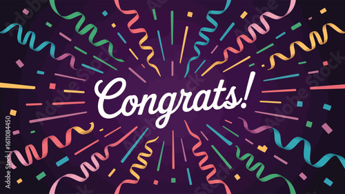 “Congrats!” celebration design with white cursive text, confetti, streamers, and rays on dark purple background — vibrant festive illustration