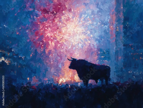 Colorful abstract Patriotic photorealistic scene of a triumphant bull silhouetted against fireworks