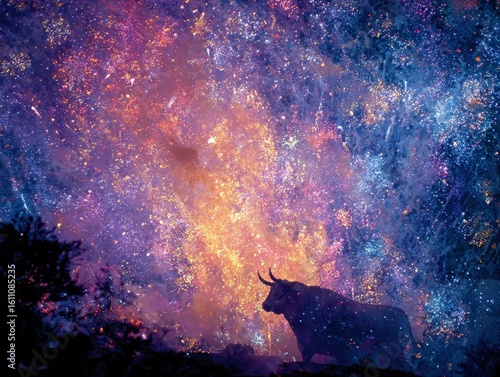 Colorful abstract Patriotic photorealistic scene of a triumphant bull silhouetted against fireworks