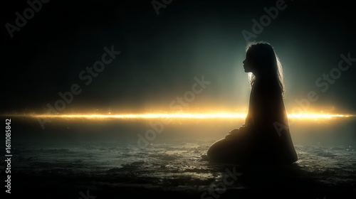 A dreamlike scene with a dark background features a glowing horizon and a figure sitting on water,
