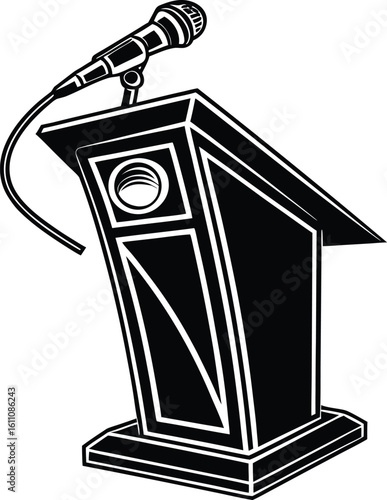 Podium with Microphone: A sleek, black podium with a microphone stands ready, symbolizing communication and public speaking.