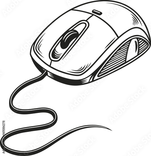 Computer Mouse in Technical Illustration: A precisely rendered technical illustration depicts a computer mouse, showcasing the device's contours, buttons, and cord.